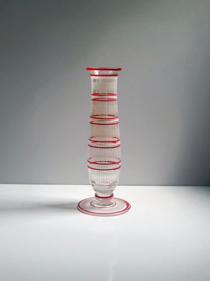 Vintage Vase Set von 2 Glas Streifen Dekor Bauhaus Art Deco handbemalt Rot Orange Weiß