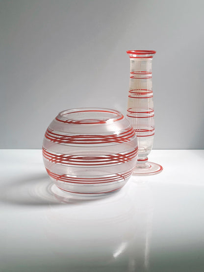 Vintage Vase Set von 2 Glas Streifen Dekor Bauhaus Art Deco handbemalt Rot Orange Weiß