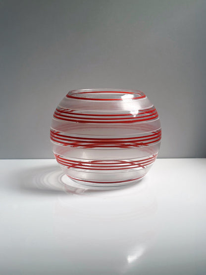 Vintage Vase Set von 2 Glas Streifen Dekor Bauhaus Art Deco handbemalt Rot Orange Weiß