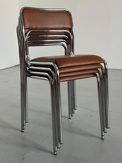 Vintage Stapelstuhl Set von 8 von Bauhaus inspiriert, italienisch, verchromt, Kunstleder, 1980er