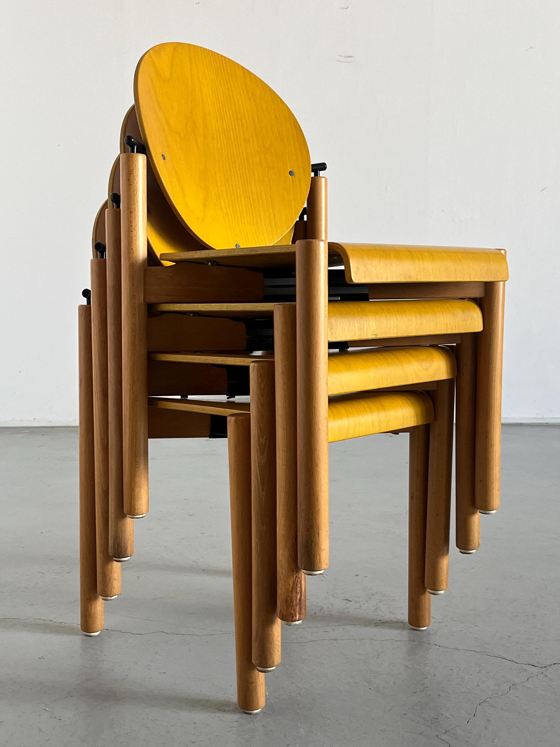Vintage Postmodern Essstuhl von Kusch+Co in Gelb und Buche Memphis Design 1980er Set von 4