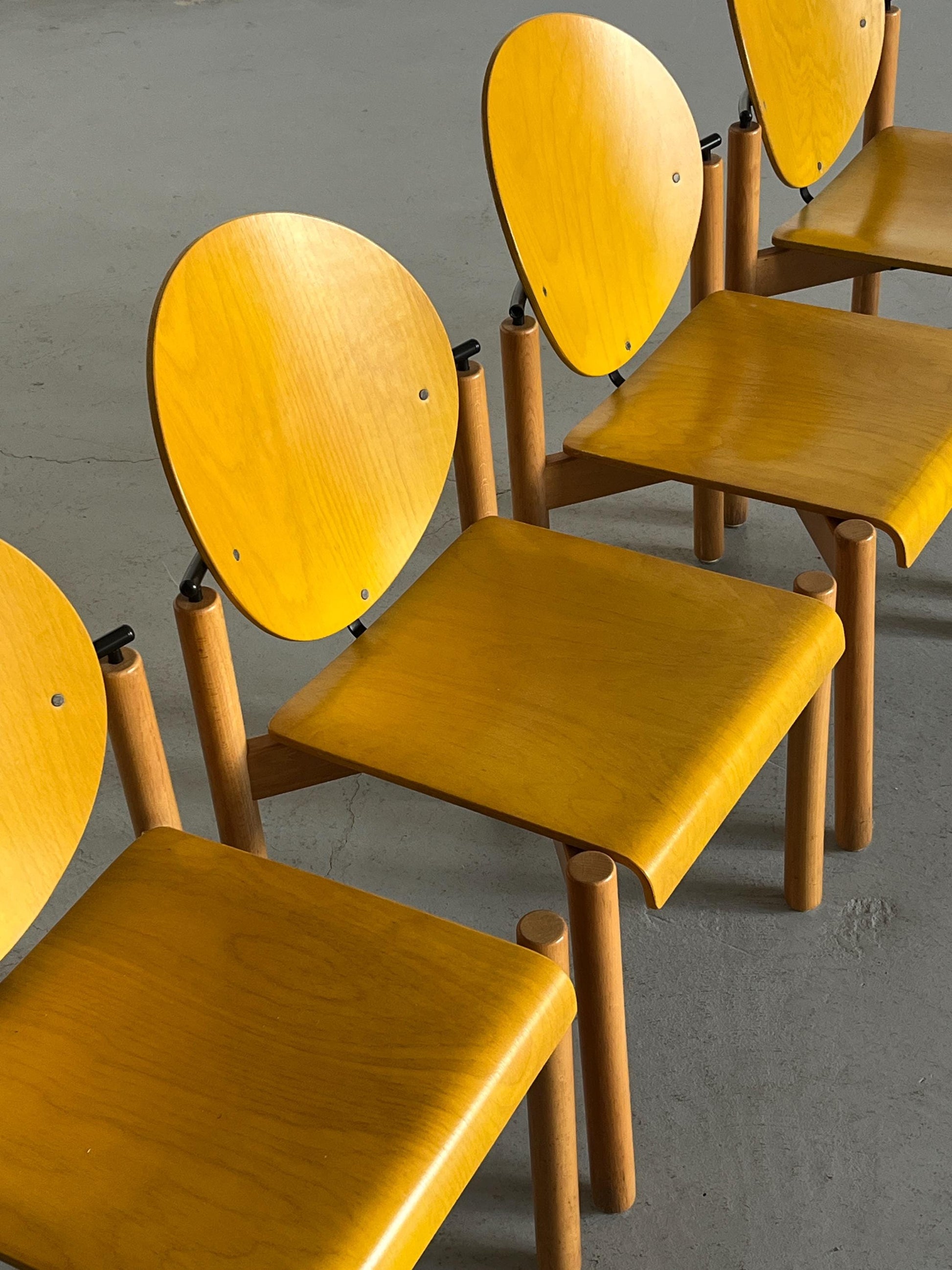 Vintage Postmodern Essstuhl von Kusch+Co in Gelb und Buche Memphis Design 1980er Set von 4