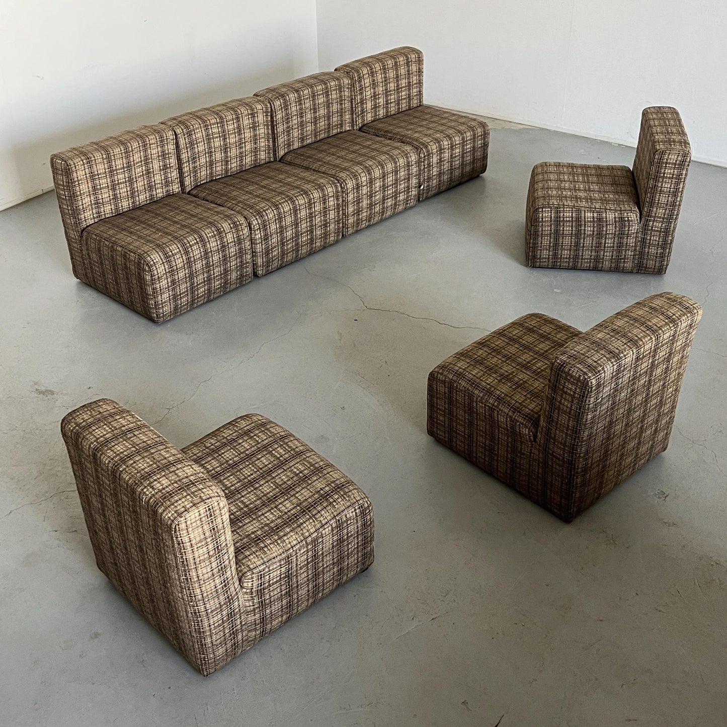 Vintage Modularsitz von Loschi+Malavasi in Braun kariert 1970er Italien Set von 7