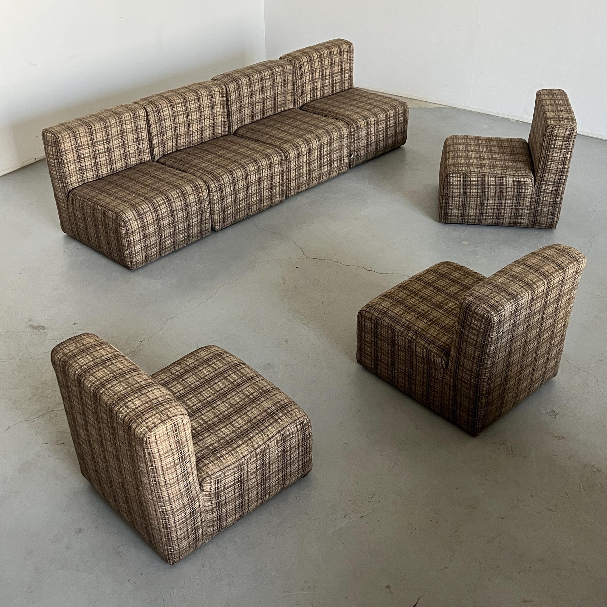Vintage Modularsitz von Loschi+Malavasi in Braun kariert 1970er Italien Set von 7