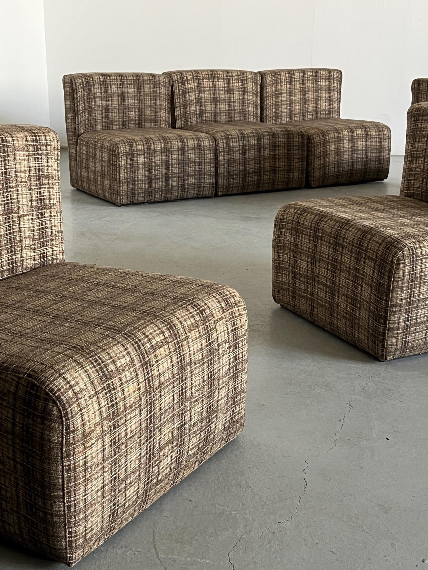 Vintage Modularsitz von Loschi+Malavasi in Braun kariert 1970er Italien Set von 7