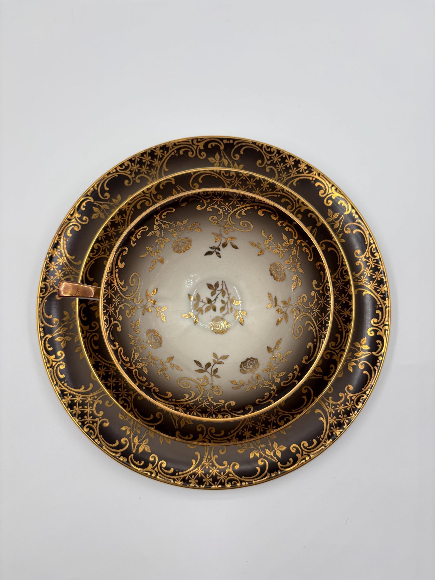 Vintage Tasse Trio von Schumann Arzberg grau mit Goldornamenten