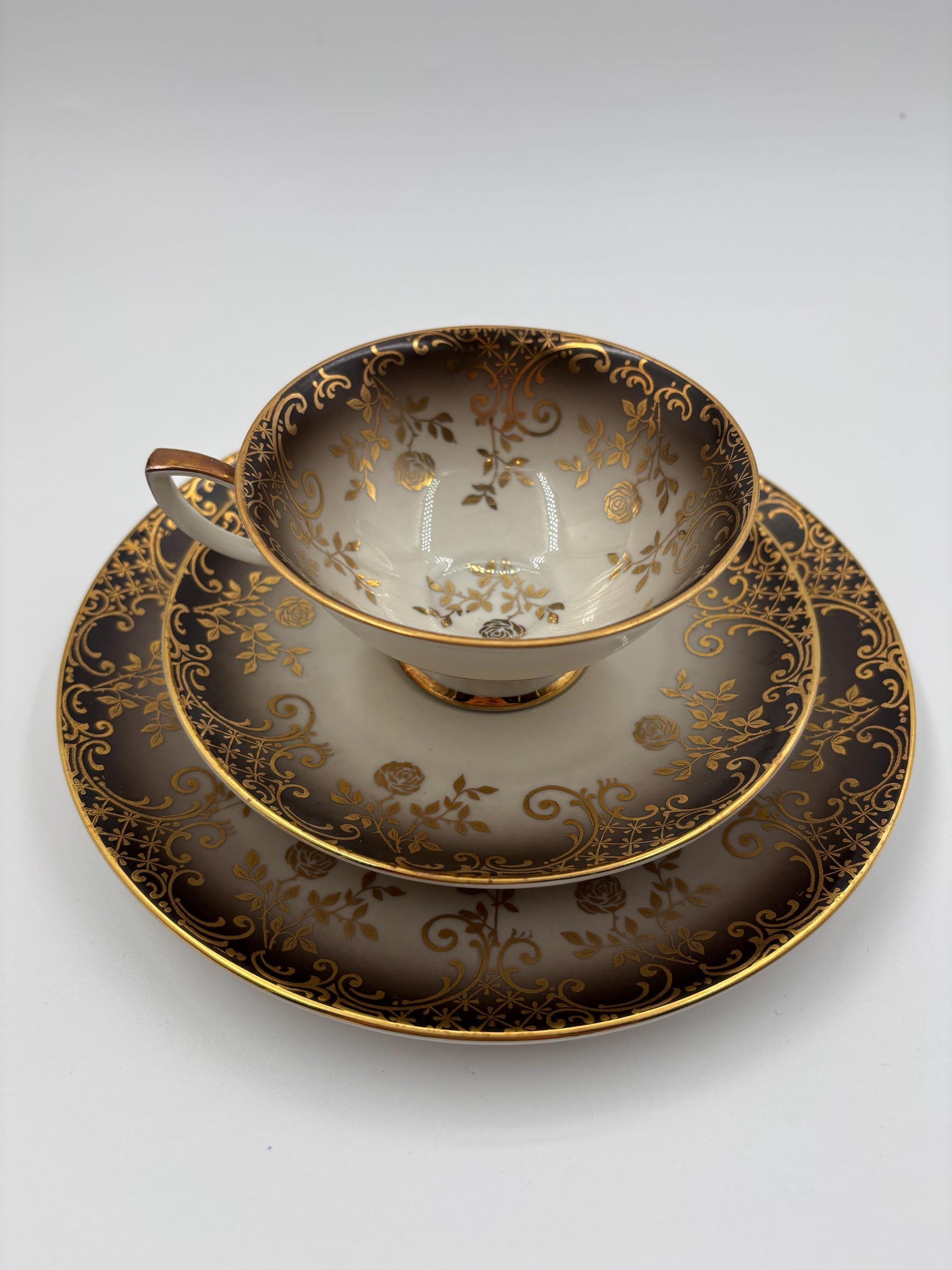 Vintage Tasse Trio von Schumann Arzberg grau mit Goldornamenten