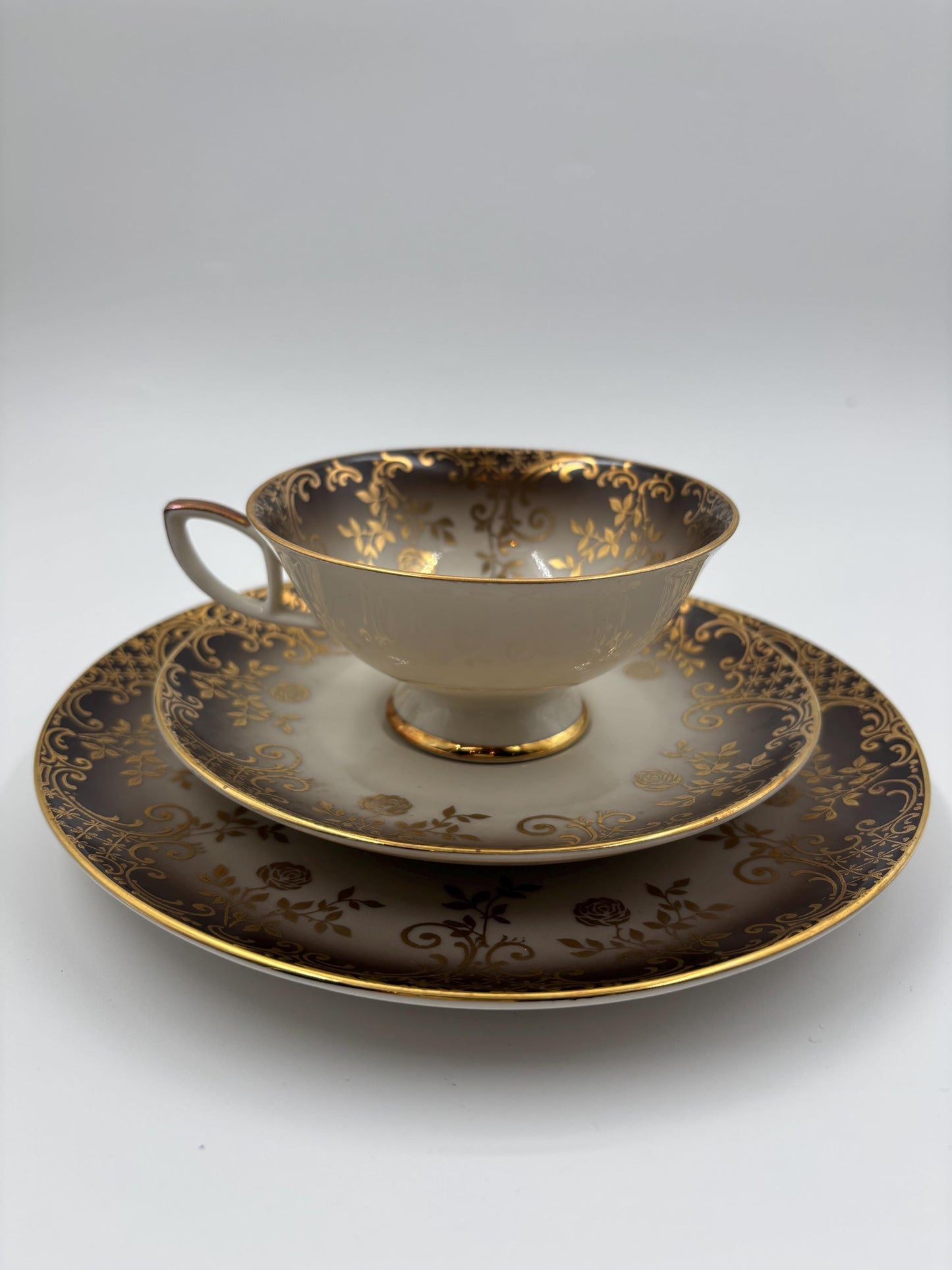 Vintage Tasse Trio von Schumann Arzberg grau mit Goldornamenten