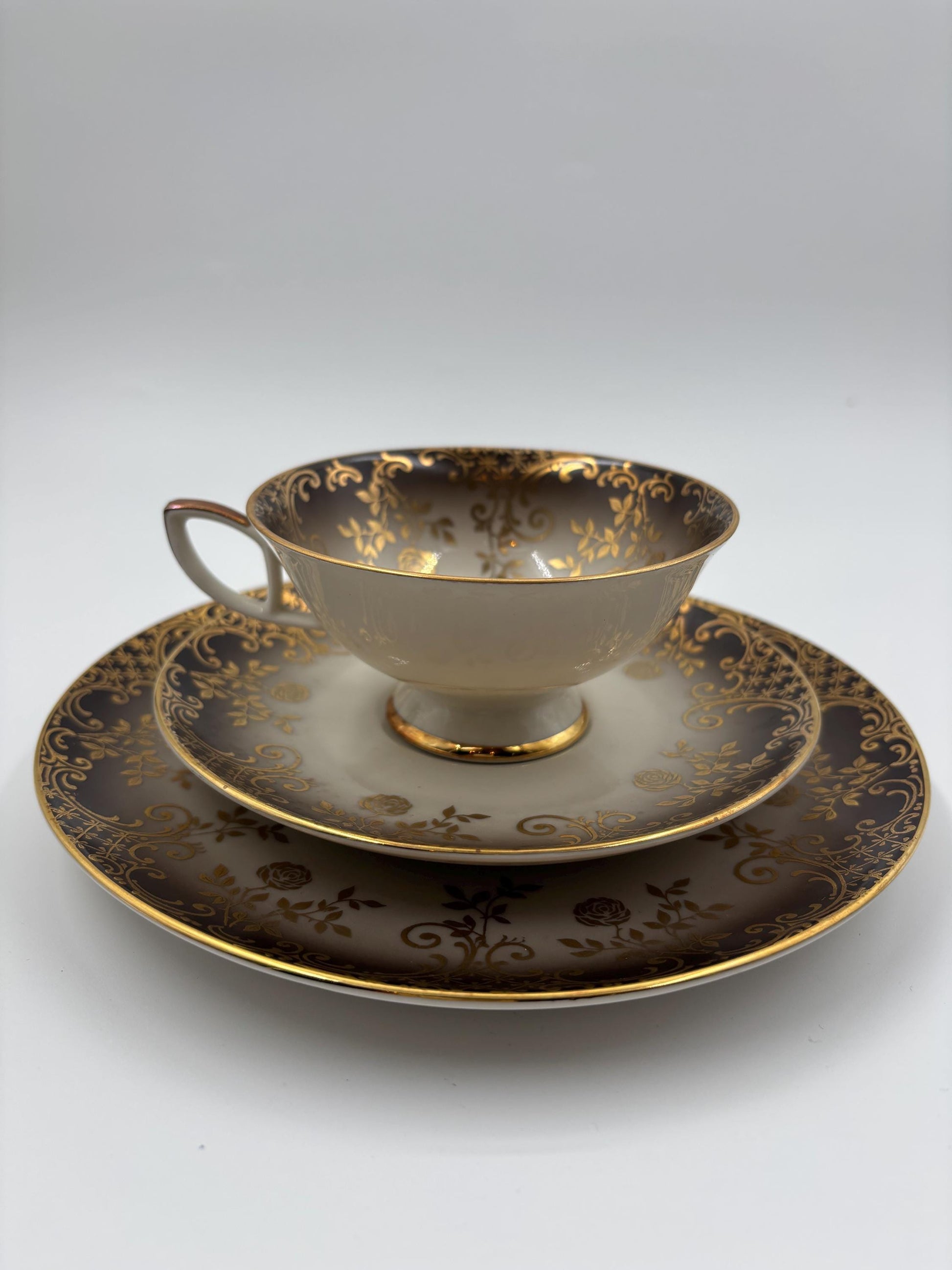 Vintage Tasse Trio von Schumann Arzberg grau mit Goldornamenten