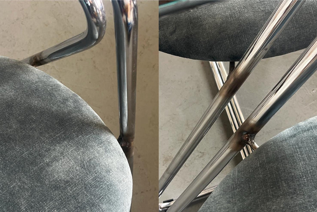 Vintage Sessel in Hellblau Grau Chrom, Stahlrohr und Samt