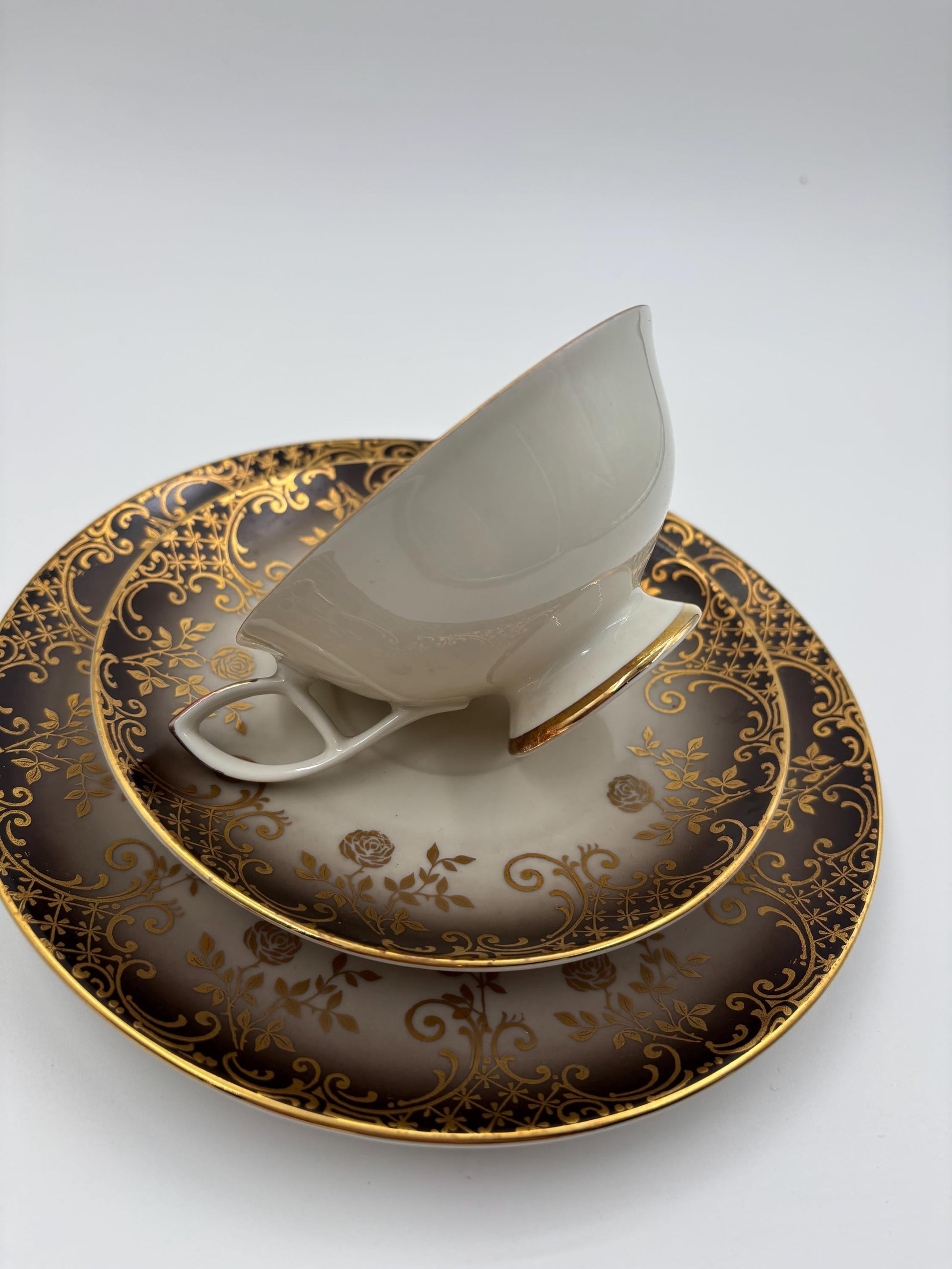 Vintage Tasse Trio von Schumann Arzberg grau mit Goldornamenten