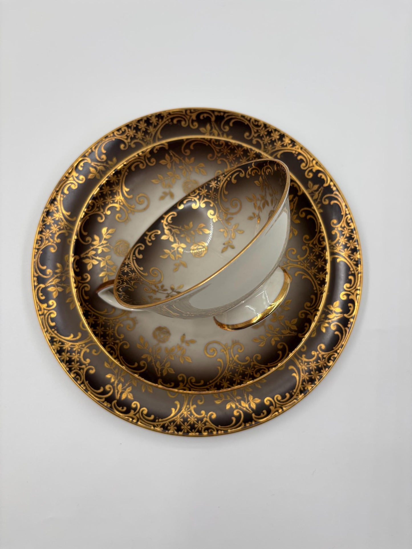 Vintage Tasse Trio von Schumann Arzberg grau mit Goldornamenten