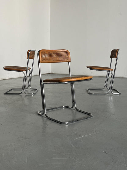 Vintage Freischwinger Essstuhl Chrom und Rohrgeflecht 1970er Italien