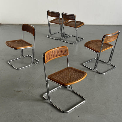 Vintage Freischwinger Essstuhl Chrom und Rohrgeflecht 1970er Italien