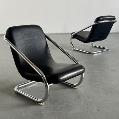 Vintage Freischwinger Armstuhl Schwarz Leder Chromstahl