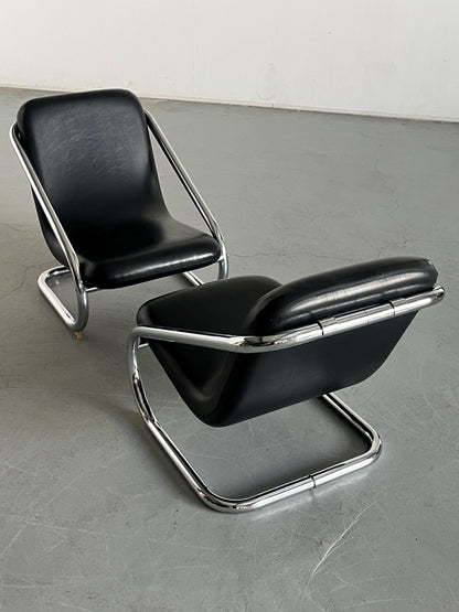 Vintage Freischwinger Armstuhl Schwarz Leder Chromstahl