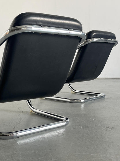 Vintage Freischwinger Armstuhl Schwarz Leder Chromstahl