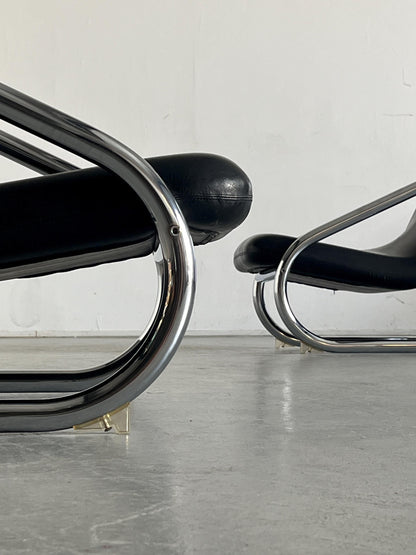 Vintage Freischwinger Armstuhl Schwarz Leder Chromstahl