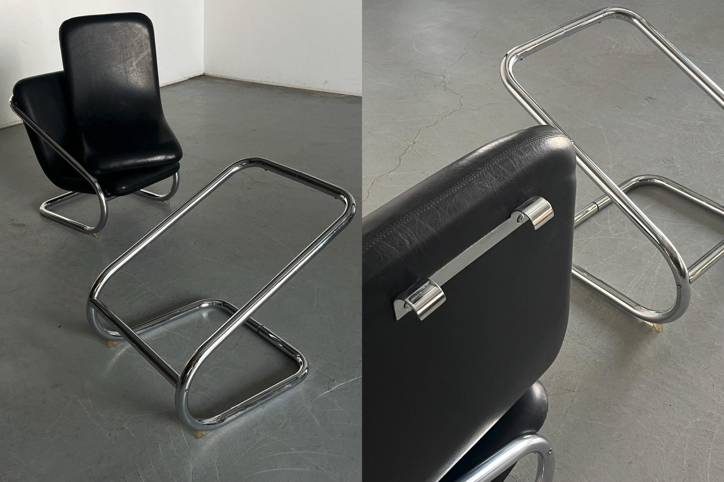 Vintage Freischwinger Armstuhl Schwarz Leder Chromstahl