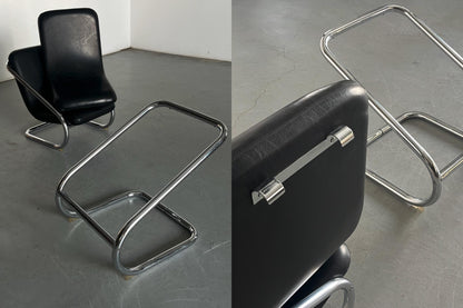 Vintage Freischwinger Armstuhl Schwarz Leder Chromstahl