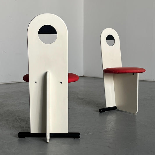 Vintage Esszimmerstuhl Memphis Milano Stil weiß lackiert rot gepolstert Paar