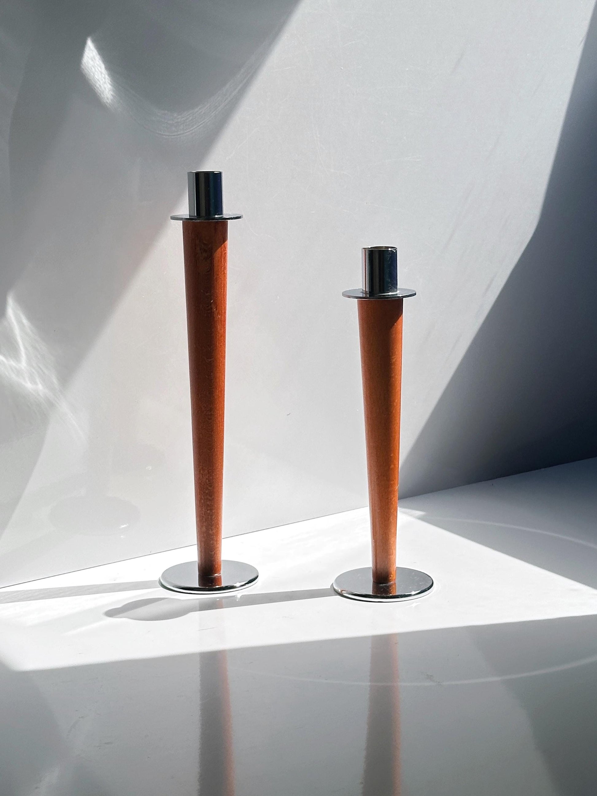 Vintage Kerzenhalter Set von 2 aus Metall und Holz