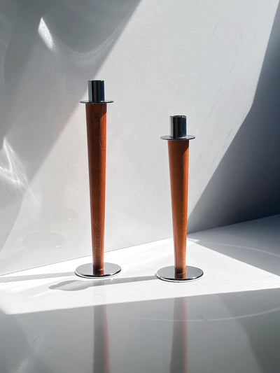Set of 2 Vintage Candle Holders in Wood and Metal, Mid-Century