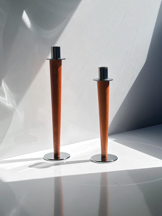 Vintage Kerzenhalter Set von 2 aus Metall und Holz