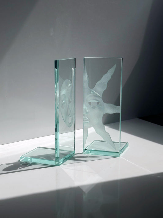 Vintage Buchstütze Sonne Mond aus Glas