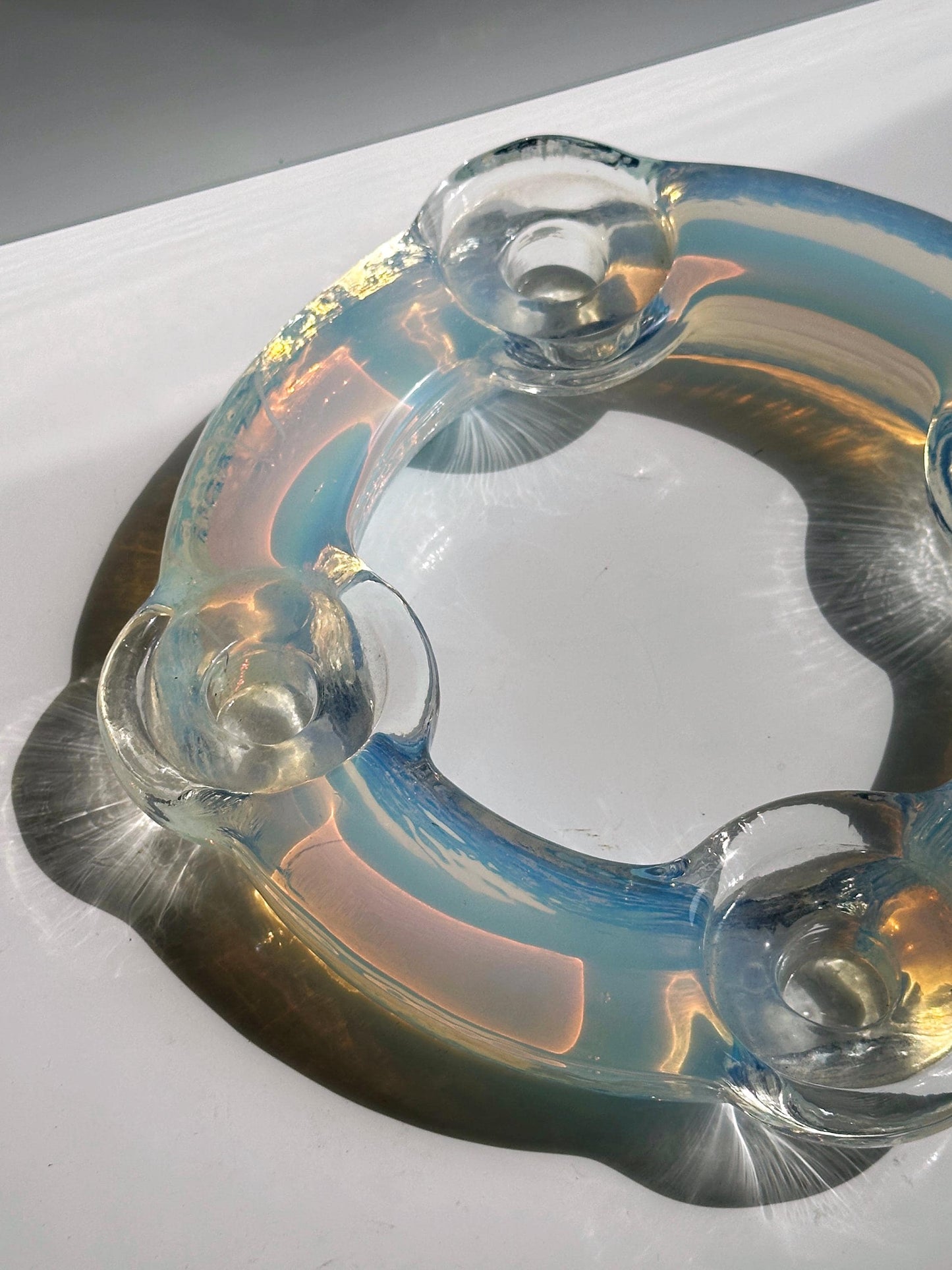 Vintage Kerzenständer Murano Opalina Filigrana von Hand gefertigt, irisierend, 4-flammig