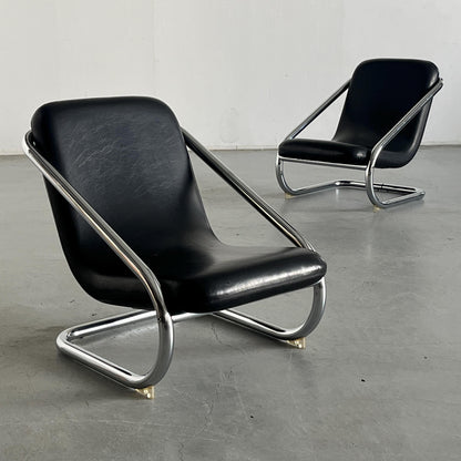 Vintage Freischwinger Armstuhl Schwarz Leder Chromstahl