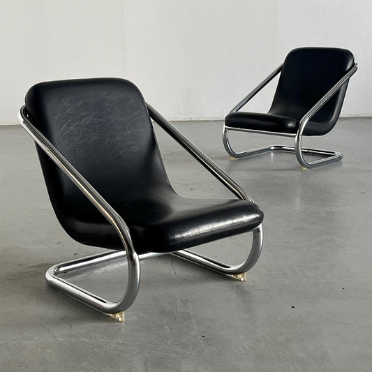 Vintage Freischwinger Armstuhl Schwarz Leder Chromstahl