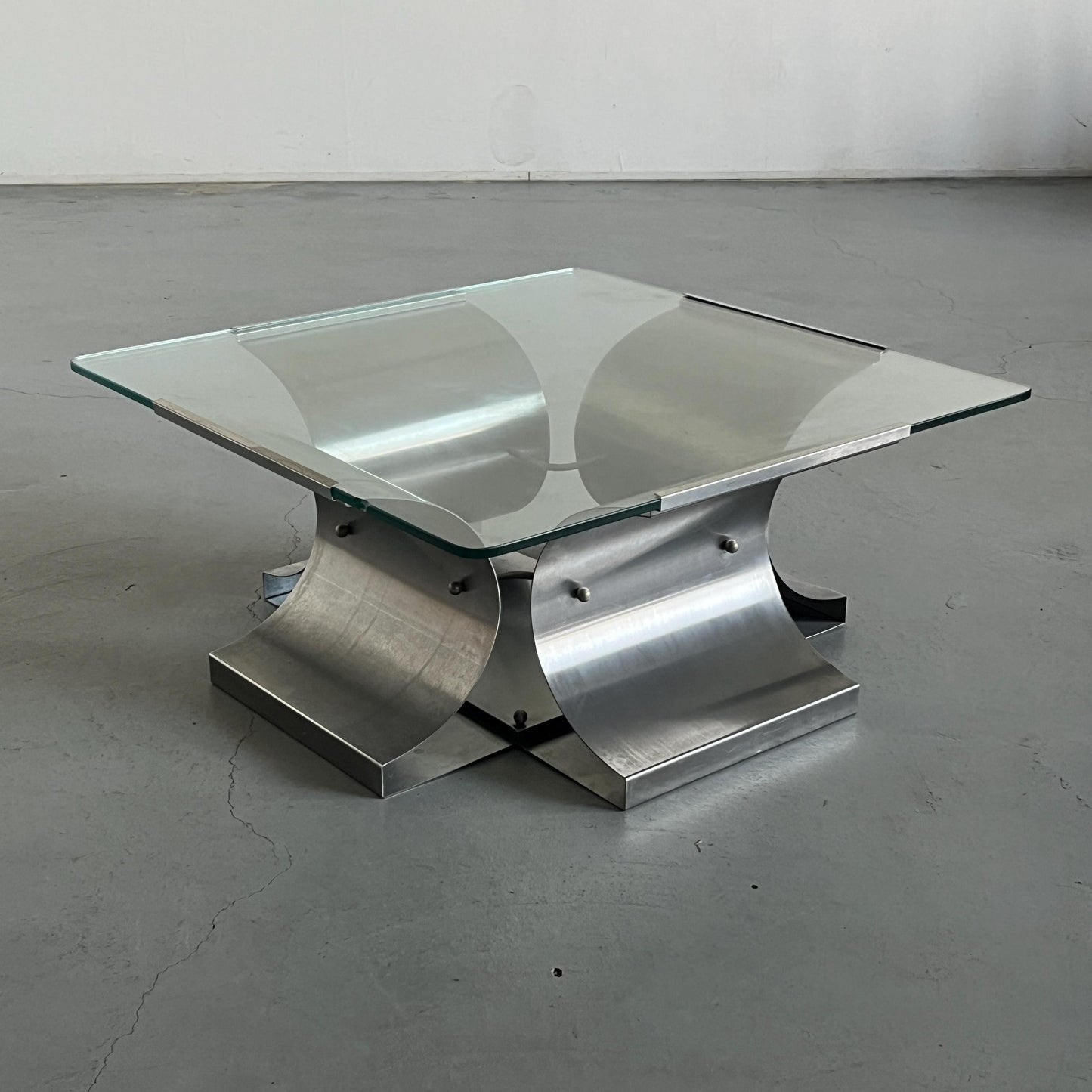 Vintage Couchtisch von François Monnet für Kappa in gebürstetem Stahl und Glas
