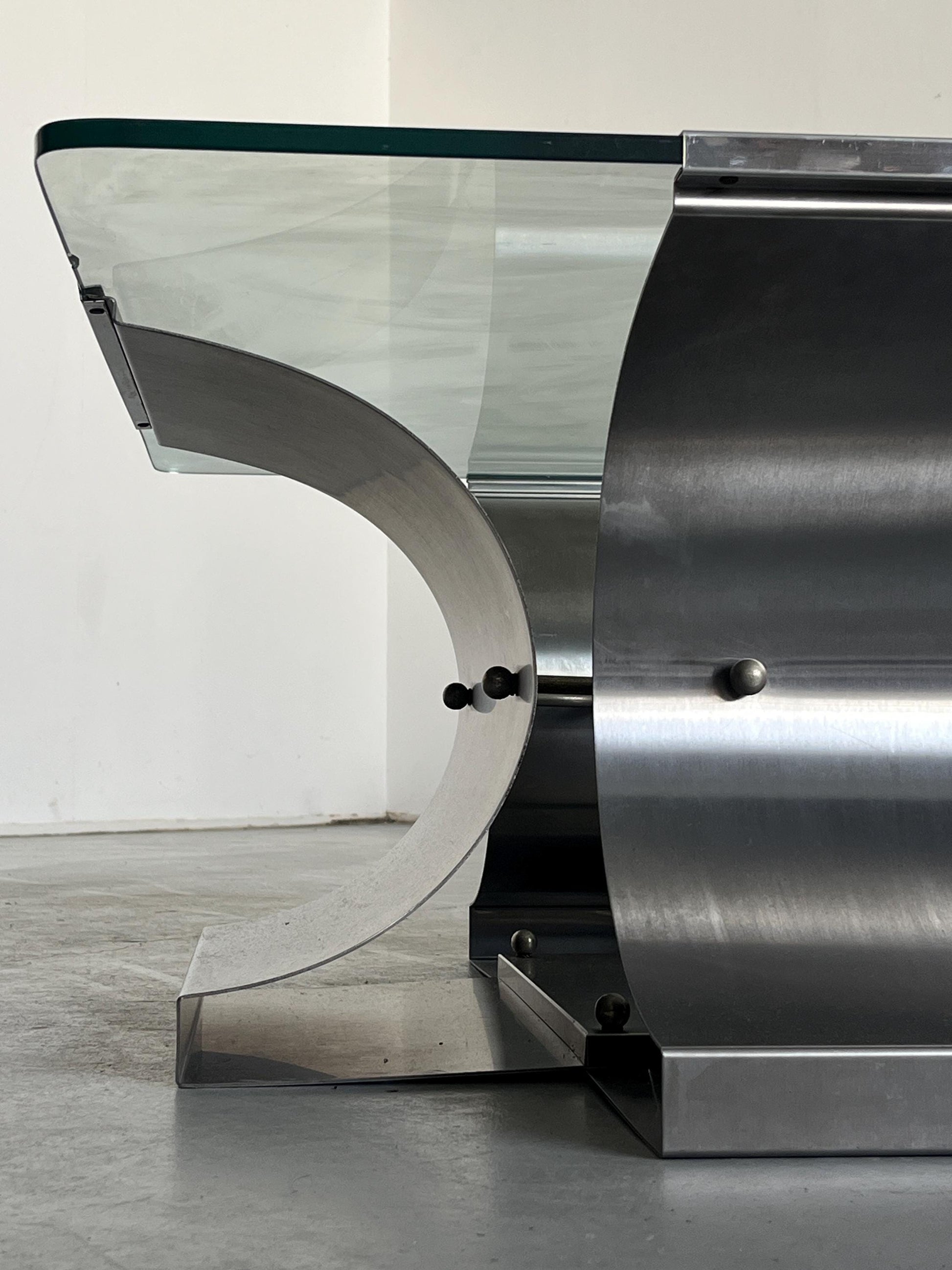 Vintage Couchtisch von François Monnet für Kappa in gebürstetem Stahl und Glas