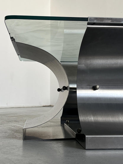 Vintage Couchtisch von François Monnet für Kappa in gebürstetem Stahl und Glas