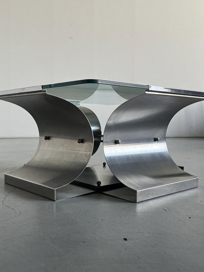 Vintage Couchtisch von François Monnet für Kappa in gebürstetem Stahl und Glas