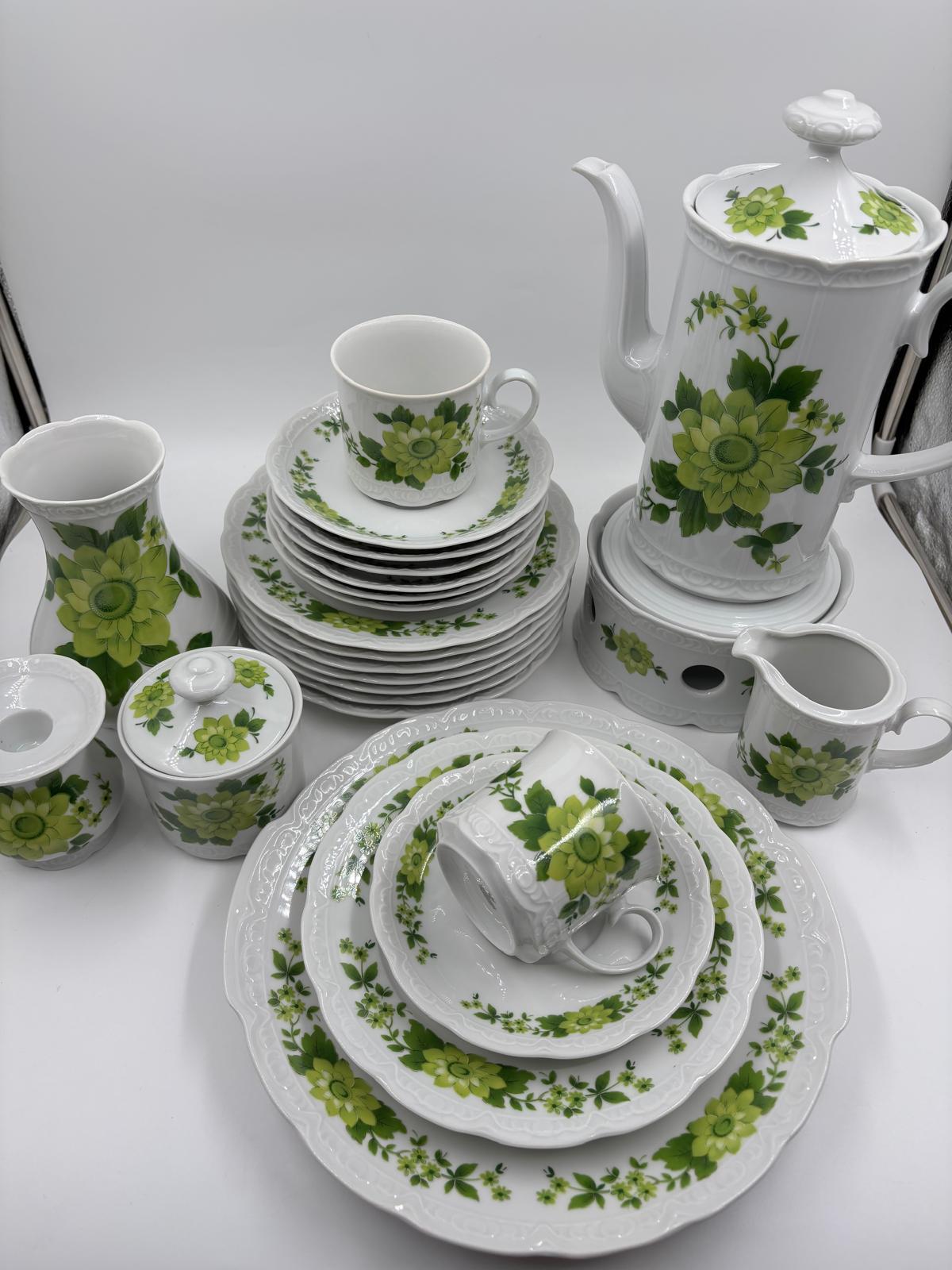 Vintage Geschirr Set von Mitterteich Porzellan mit grünem Blumendekor, 7-teilig, komplett