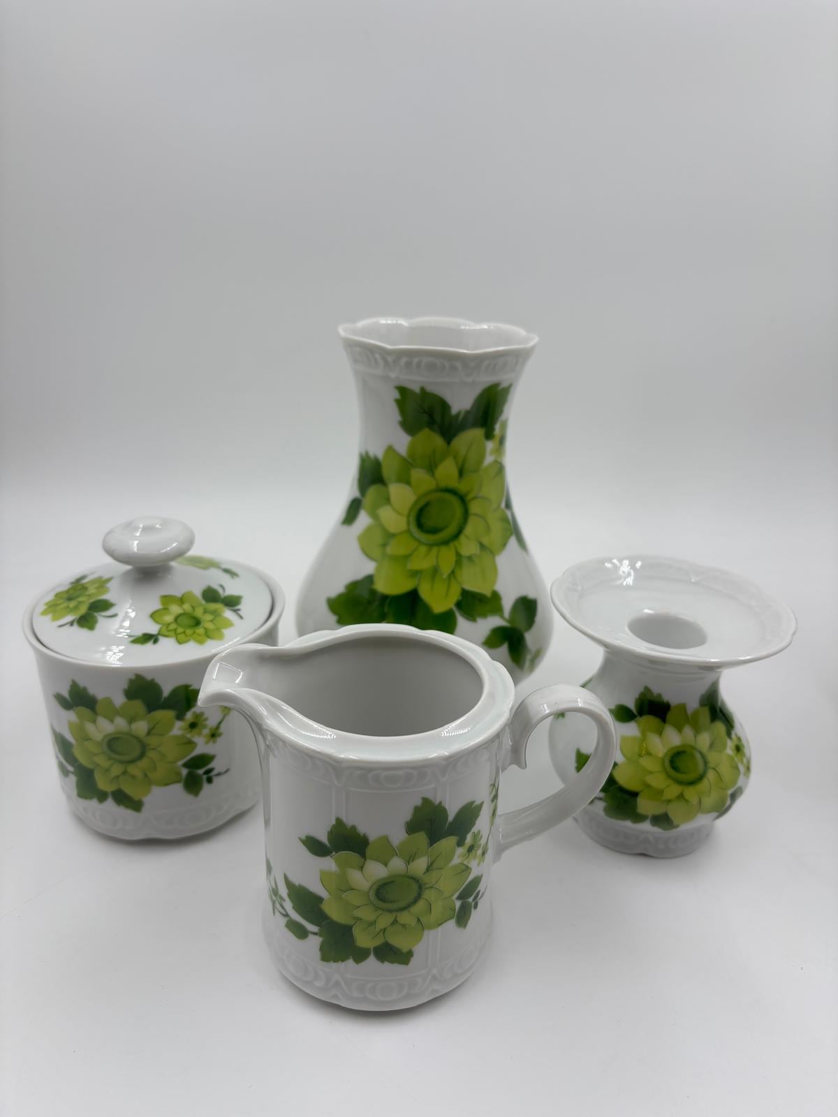 Vintage Geschirr Set von Mitterteich Porzellan mit grünem Blumendekor, 7-teilig, komplett