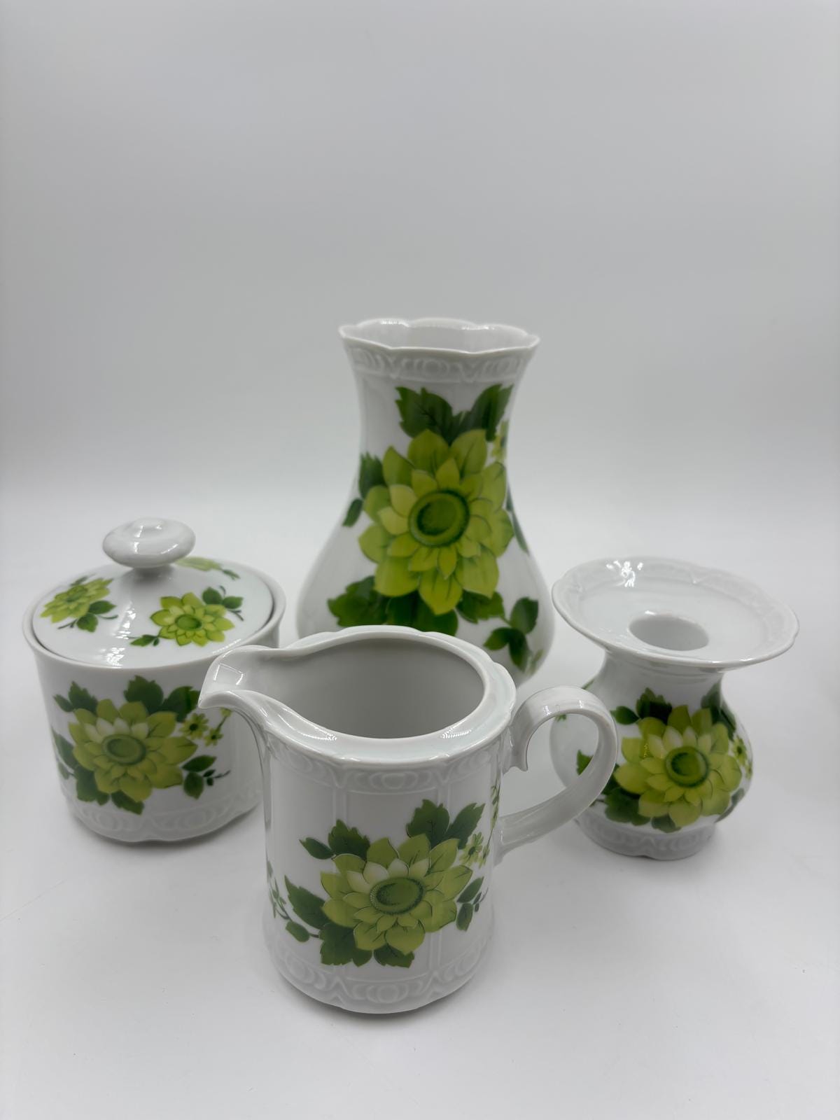 Vintage Geschirr Set von Mitterteich Porzellan mit grünem Blumendekor, 7-teilig, komplett