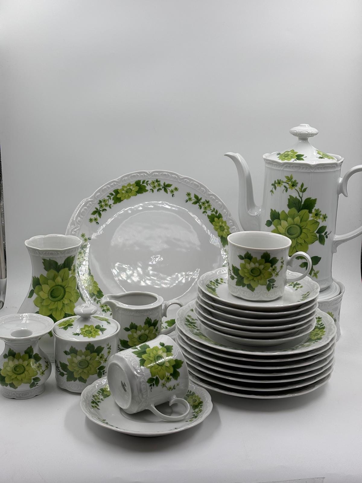 Vintage Geschirr Set von Mitterteich Porzellan mit grünem Blumendekor, 7-teilig, komplett