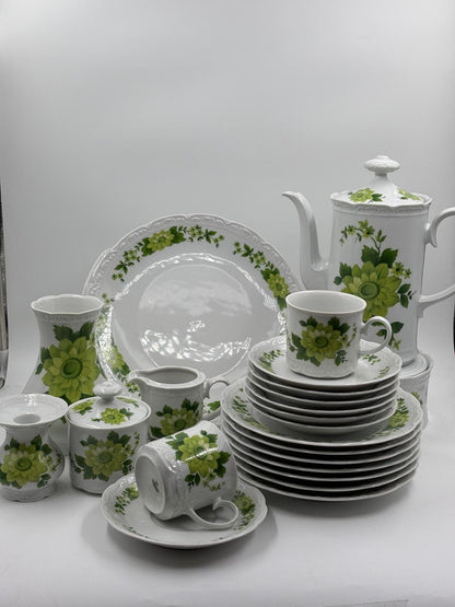 Vintage Geschirr Set von Mitterteich Porzellan mit grünem Blumendekor, 7-teilig, komplett