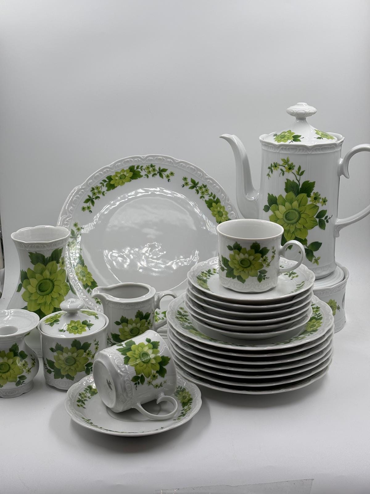 Vintage Geschirr Set von Mitterteich Porzellan mit grünem Blumendekor, 7-teilig, komplett