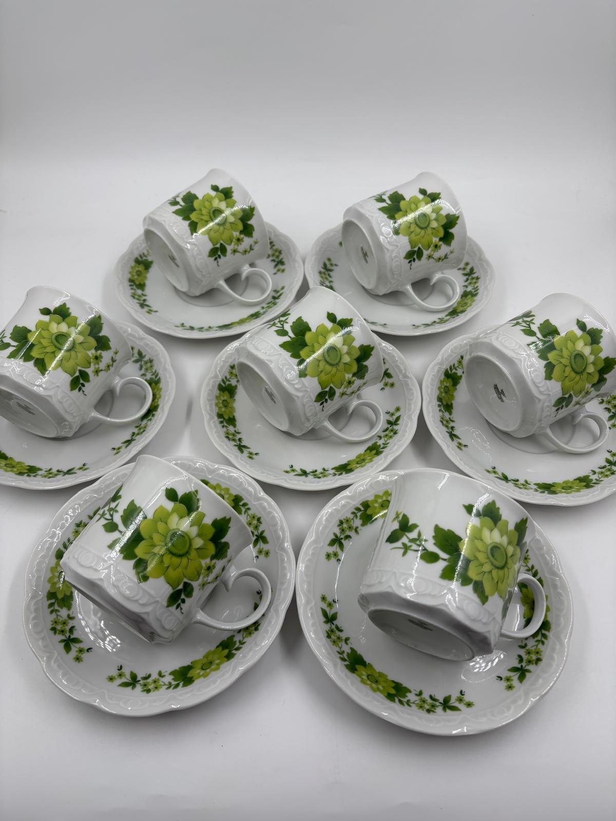 Vintage Geschirr Set von Mitterteich Porzellan mit grünem Blumendekor, 7-teilig, komplett