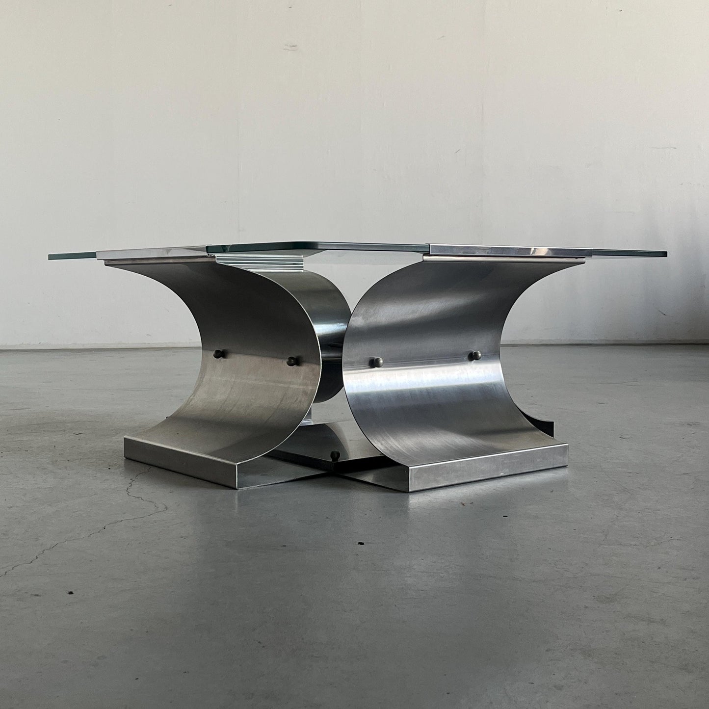 Vintage Couchtisch von François Monnet für Kappa in gebürstetem Stahl und Glas