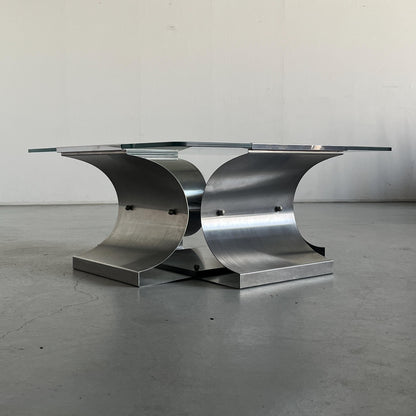Vintage Couchtisch von François Monnet für Kappa in gebürstetem Stahl und Glas