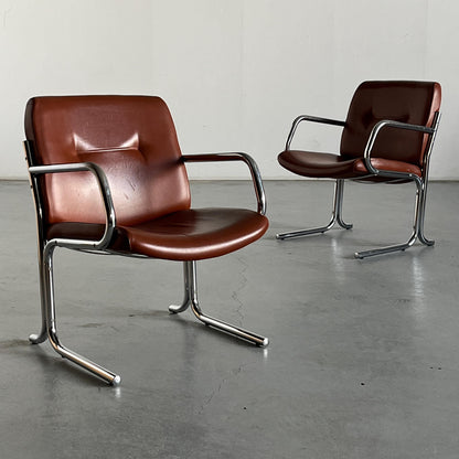 Vintage Armlehnstuhl Braun Leder Chromstahl 1970er Italien