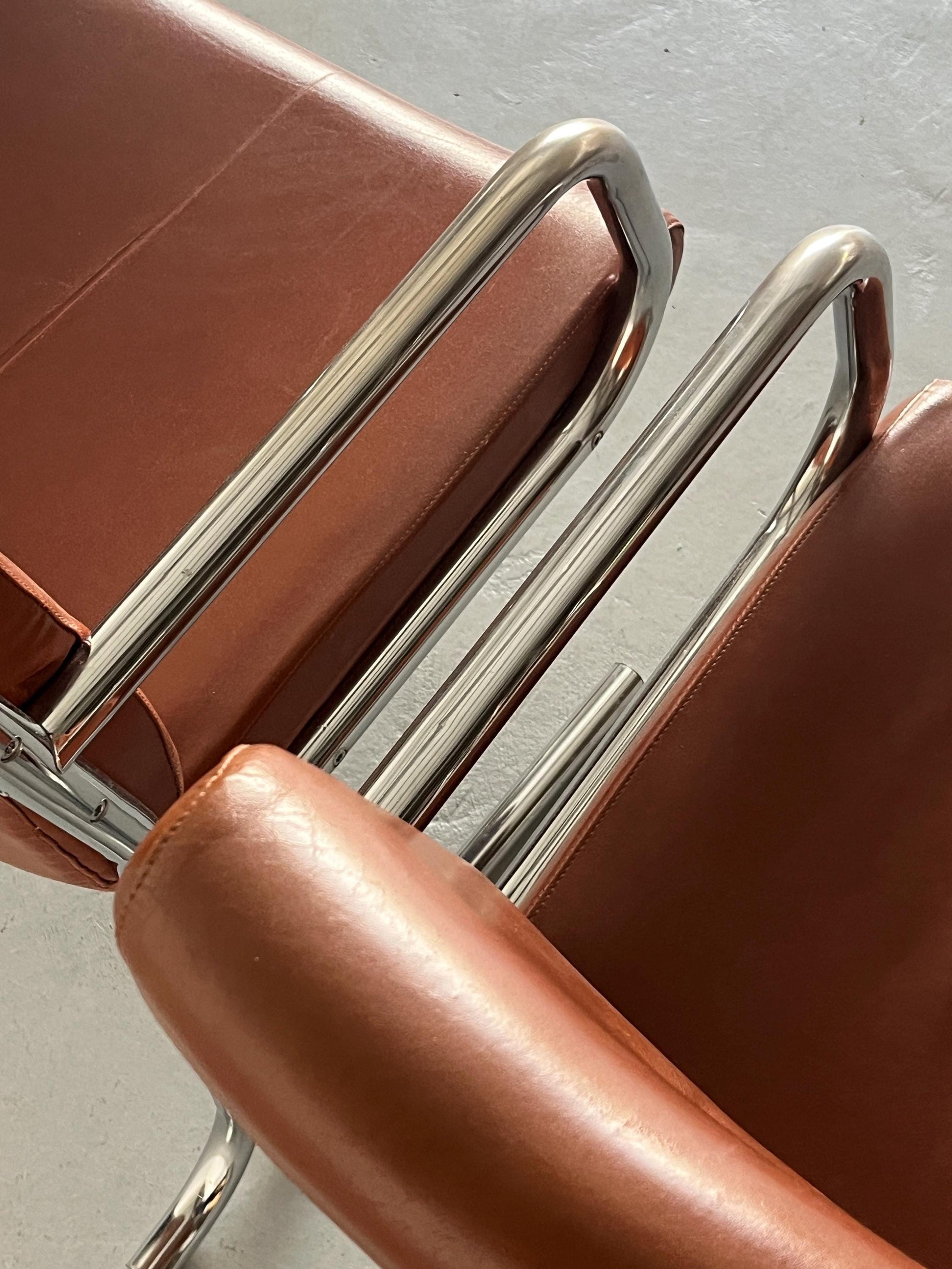 Vintage Armlehnstuhl Braun Leder Chromstahl 1970er Italien