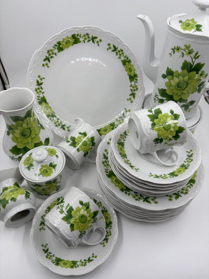 Vintage Geschirr Set von Mitterteich Porzellan mit grünem Blumendekor, 7-teilig, komplett
