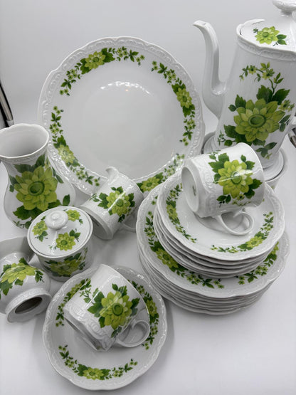 Vintage Geschirr Set von Mitterteich Porzellan mit grünem Blumendekor, 7-teilig, komplett
