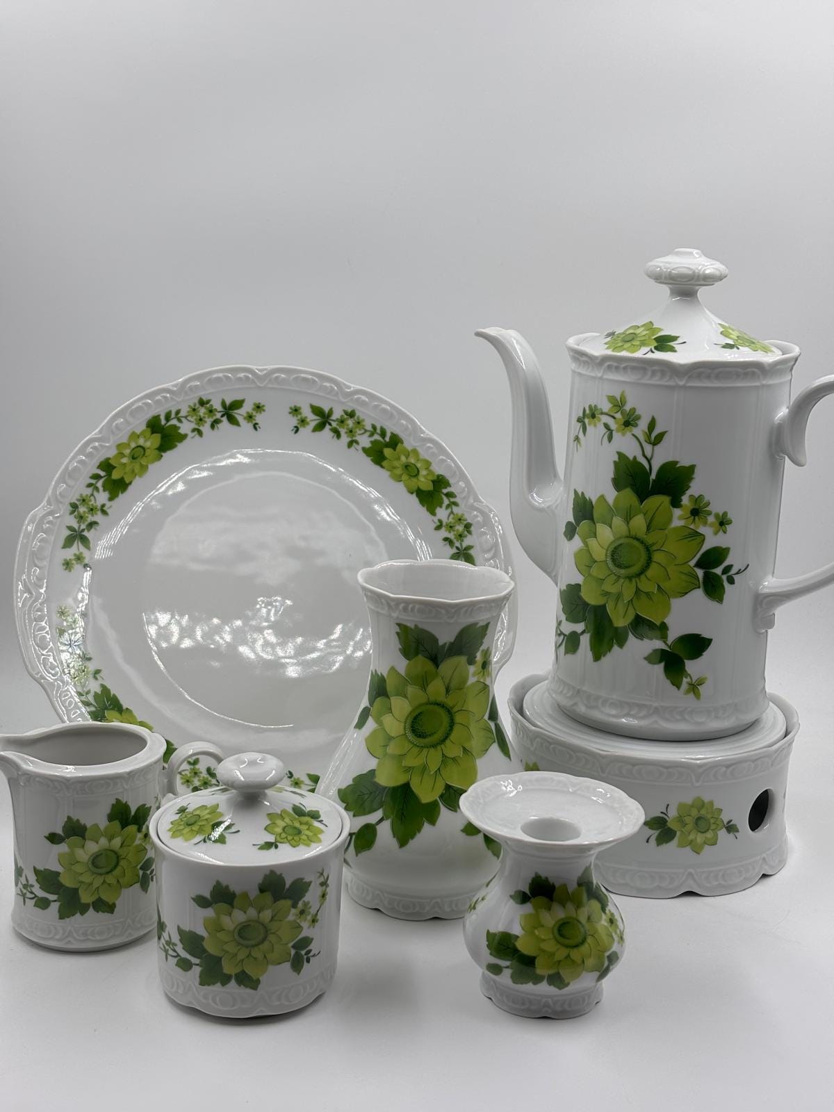 Vintage Geschirr Set von Mitterteich Porzellan mit grünem Blumendekor, 7-teilig, komplett